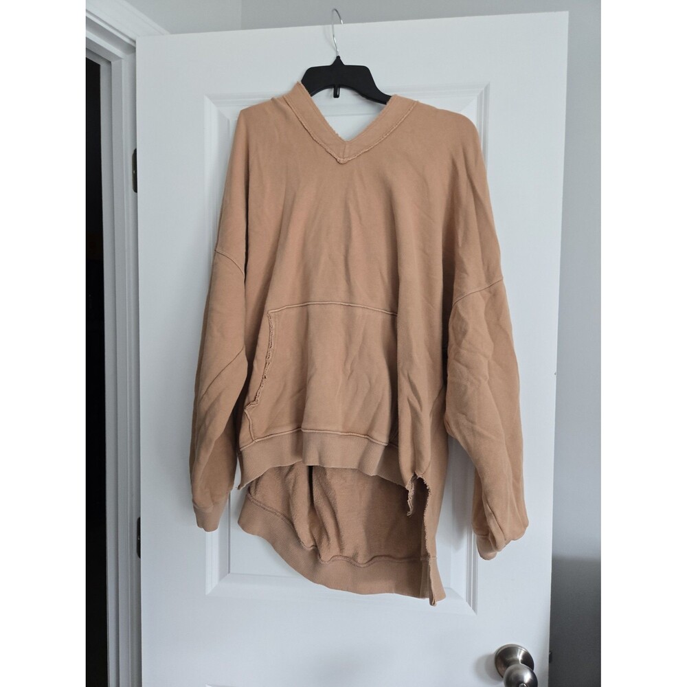 Aerie Hoodie Womens XL Oversized V-Neck Raw Hem Pullover Sweatshirt Boho Tan